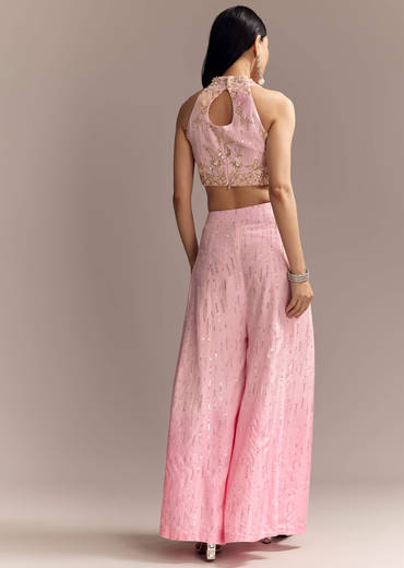 Baby Pink Silk Crop Top And Palazzo Set With Intricate Embroidery