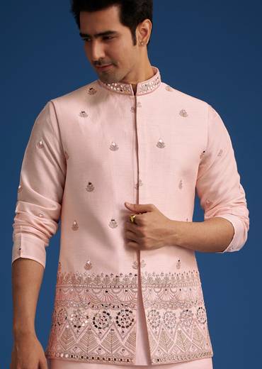 Baby Pink Tussar Kurta Jacket Set With Mirror Embroidery