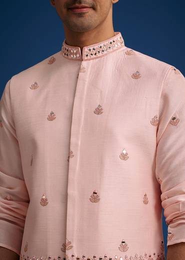 Baby Pink Tussar Kurta Jacket Set With Mirror Embroidery