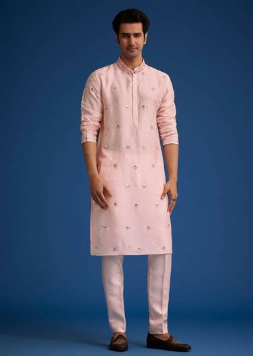 Baby Pink Tussar Kurta Jacket Set With Mirror Embroidery