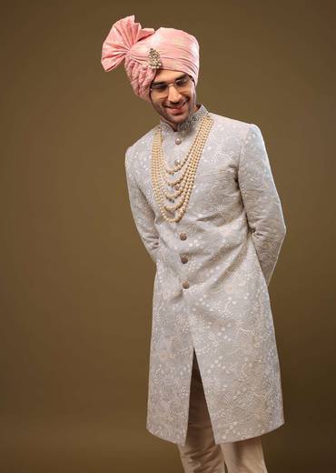 Powder Blue Silk Sherwani Set In Zari And Sequins Embroidery