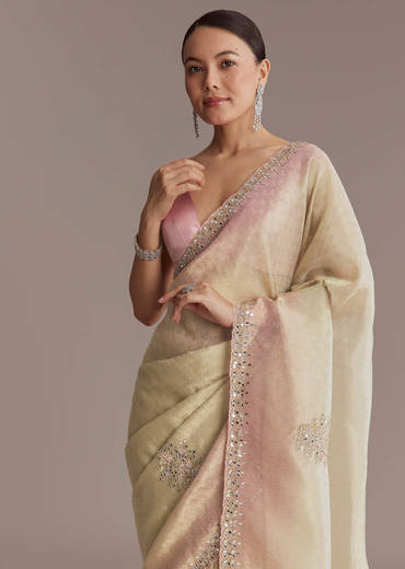 Beige And Pink Ombre Jacquard Embroidered Saree With Mirror Work