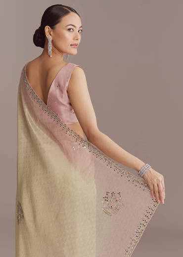 Beige And Pink Ombre Jacquard Embroidered Saree With Mirror Work