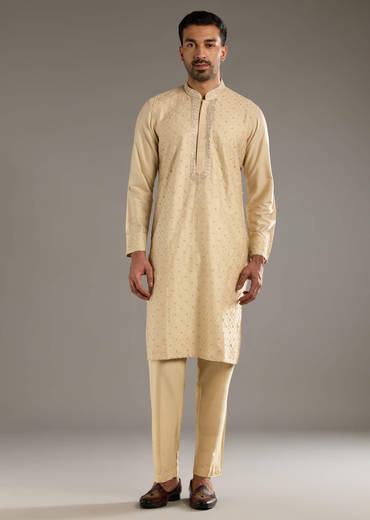 Beige Banarasi Silk Kurta Set For Men With Pure Hand Embroidery