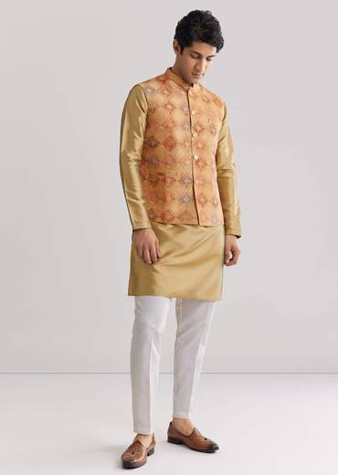 Beige Brocade Jacket Kurta Set