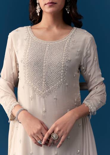 Beige Chinon Sharara Set With Cut Dana And Sequins Work