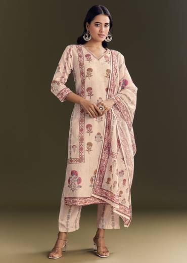 Beige Cotton Block Print Kurta Set With Printed Dupatta