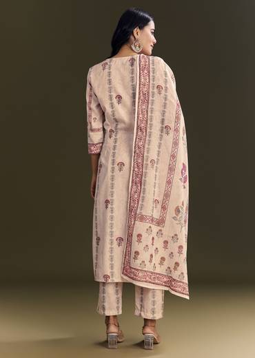 Beige Cotton Block Print Kurta Set With Printed Dupatta