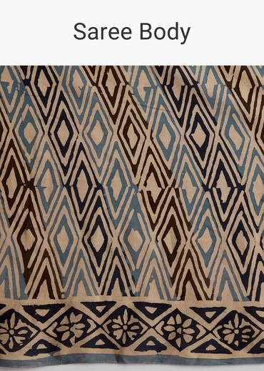 Beige Cotton Linen Saree With Hand Block Print And Kantha Work