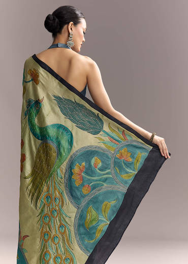 Beige Cotton Saree With Hand Painted Blue Motifs And Brown Border