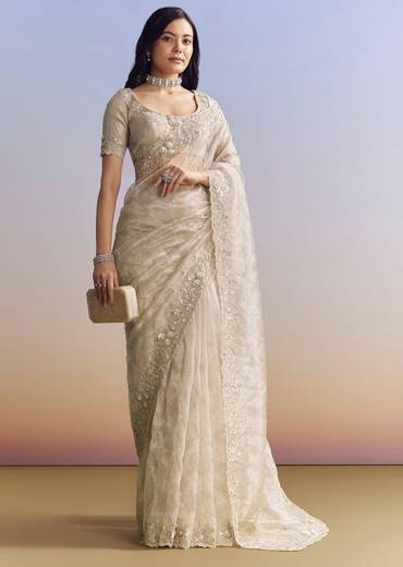 Beige Cream Tissue Saree With Floral Jaal