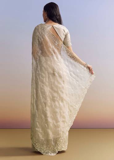 Beige Cream Tissue Saree With Floral Jaal