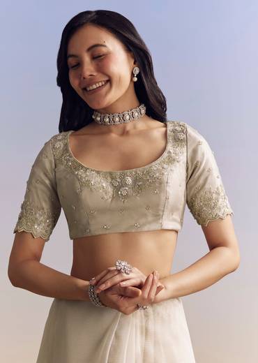 Beige Cream Tissue Saree With Floral Jaal