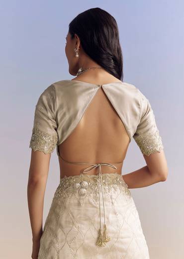 Beige Cream Tissue Saree With Floral Jaal