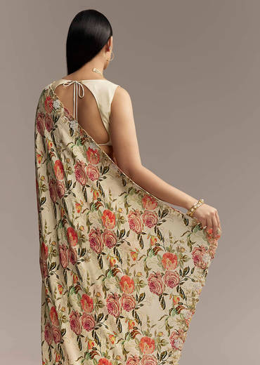Beige Crepe Saree With Multicolor Floral Print And Moti Embroidery