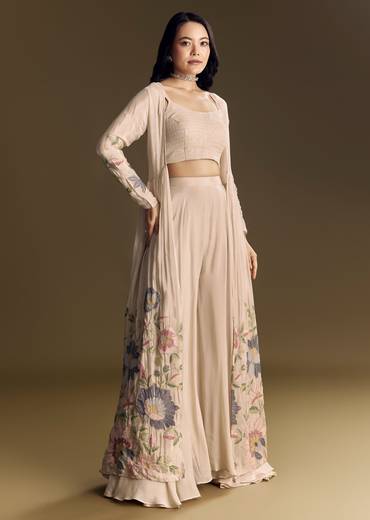 Beige Crop Top Set With Thread And Sequin Jacket