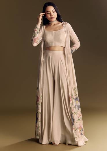 Beige Crop Top Set With Thread And Sequin Jacket