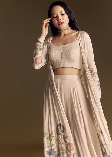 Beige Crop Top Set With Thread And Sequin Jacket