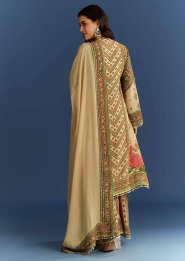 Beige Crush Tissue Floral Printed Kurta With Printed Palazzo