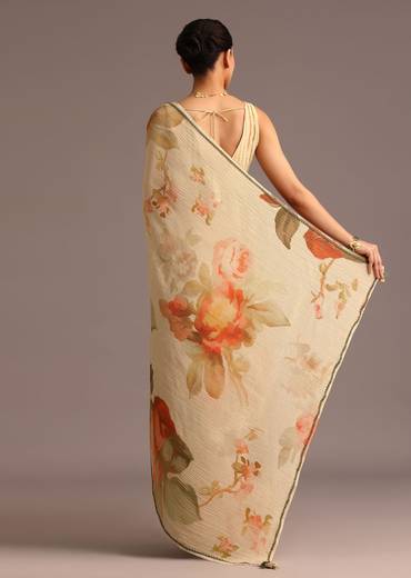 Beige Crushed Abstract Print Saree With Lace Pallu Border