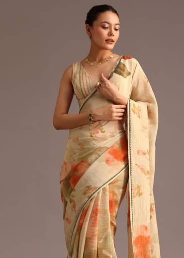 Beige Crushed Abstract Print Saree With Lace Pallu Border