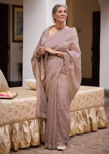 Beige Crushed Tissue Saree With Embroidered Border