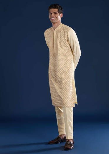 Beige Embroidered Banarsi Silk Mens Kurta and Pant Set