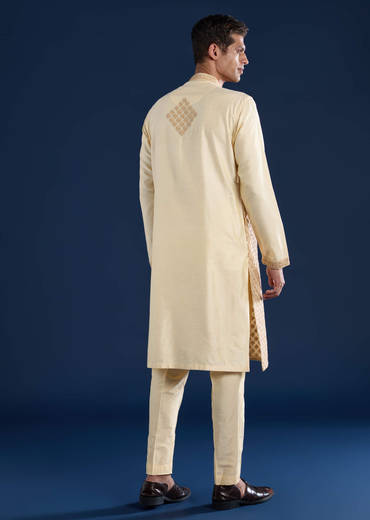 Beige Embroidered Banarsi Silk Mens Kurta and Pant Set
