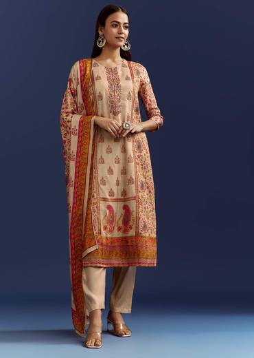 Beige Floral Printed Kurta And Dupatta With Cut Dana And Zardosi Work