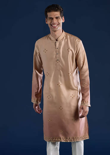 Beige Geometric Print Velvet Jacket and Ombre Kurta Set