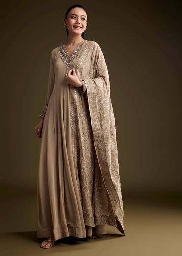 Beige Georgette Anarkali Suit With Sequins And Thread Embroidery
