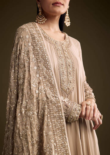 Beige Georgette Anarkali Suit With Thread And Sequins Embroidery