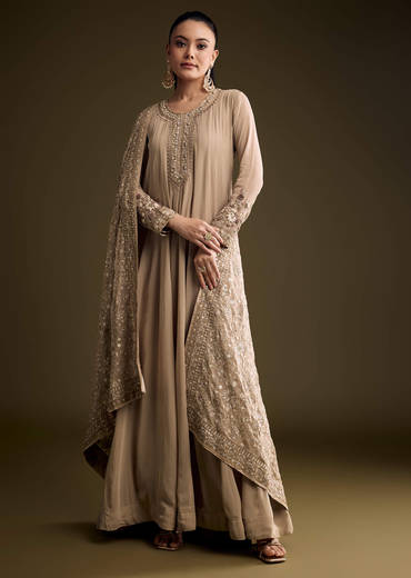 Beige Georgette Anarkali Suit With Thread And Sequins Embroidery