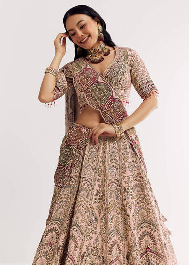 Beige Georgette Printed V Neckline Lehenga With Crepe Dupatta