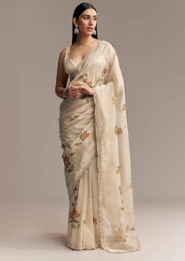 Beige Georgette Tissue Saree With Painted Florals And Sequin Embroidery