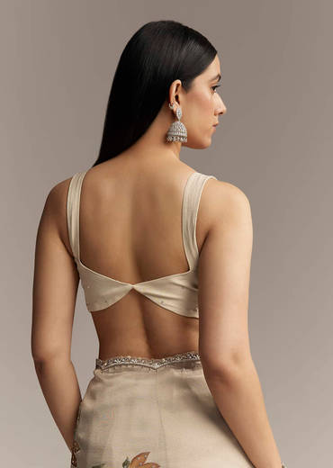 Beige Georgette Tissue Saree With Painted Florals And Sequin Embroidery