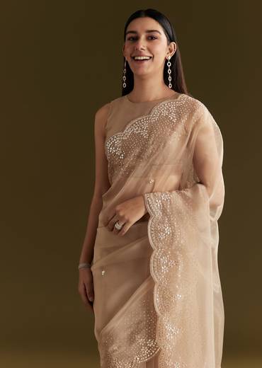 Beige Glass Tissue Embroidered Saree With Scallop Border