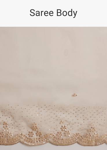 Beige Glass Tissue Embroidered Saree With Scallop Border