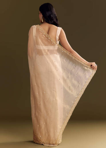 Beige Glass Tissue Saree With Cutdana And Beads Scallop Border