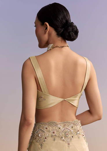Beige Gold Tissue Embroidered Saree With Zardosi And Stone Work