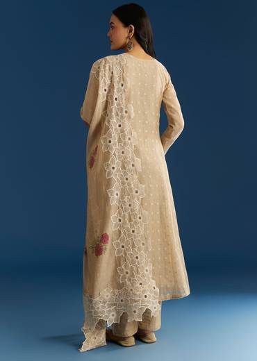 Beige Jamdani Butti Anarkali With Cutwork Dupatta