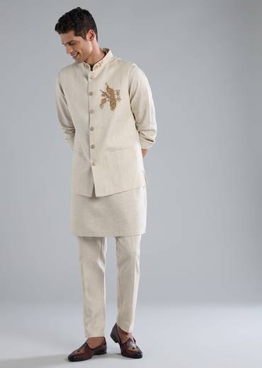 Beige Kurta Jacket Set With Zardosi Hand Work