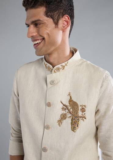 Beige Kurta Jacket Set With Zardosi Hand Work