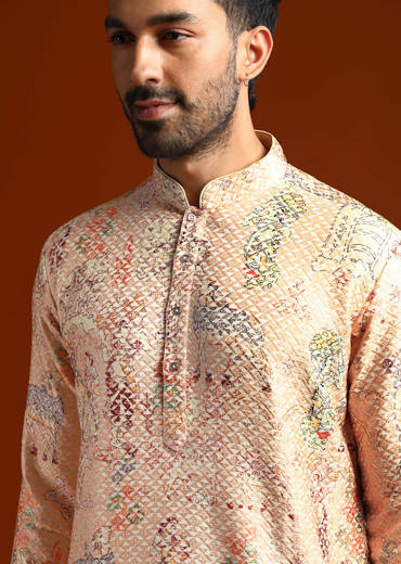 Beige Kurta Set For Men With Print And Sequins Embroidery