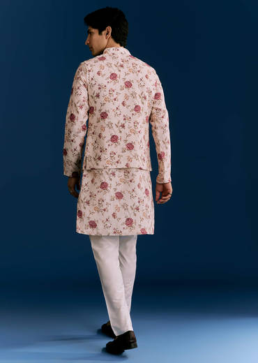 Beige Linen Kurta Jacket Set With Sequins And Thread Embroidery