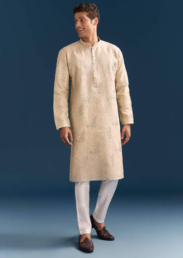 Beige Linen Kurta Set For Men With Mirror Embroidery