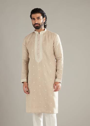 Beige Linen Kurta Set For Men With Resham Hand Work