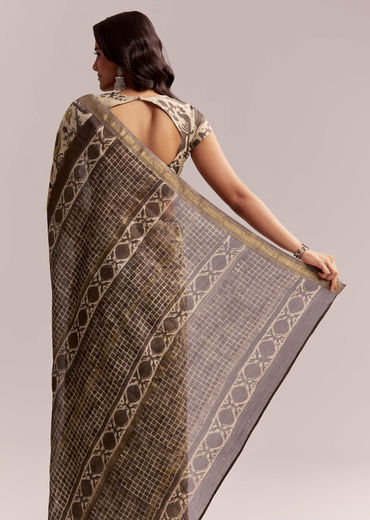 Beige Linen Printed Saree With Hand Block Ajrakh Print