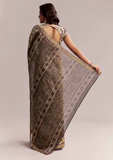 Beige Linen Printed Saree With Hand Block Ajrakh Print