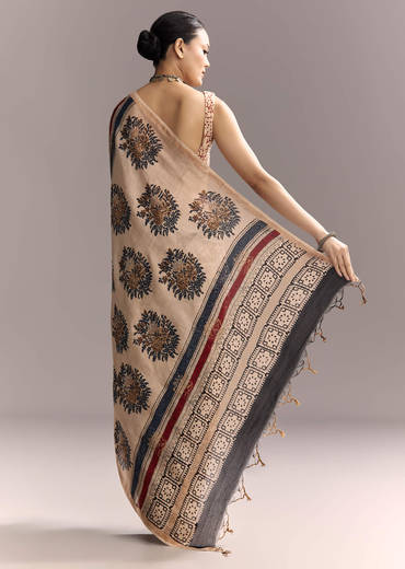 Beige Linen Saree With Ajrakh Floral Print And Black Border